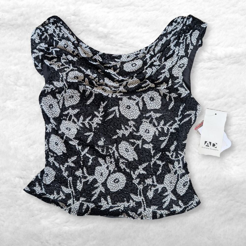 nwt vintage andretta donatello black silver beaded floral cowl neck top
